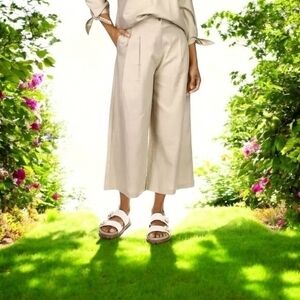 Michael Kors Linen Viscose Cropped Wide Leg Capri Pants Tan Dune Size 6P NWT